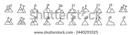 Collection of thin line icons of mountain with flag on top. Editable stroke. Simple linear illustration for web sites, newspapers, articles book 