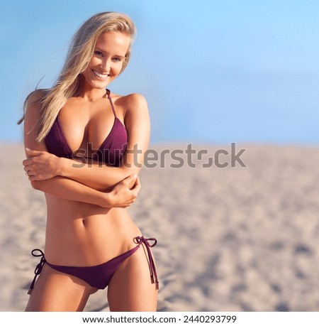 Happiness, portrait and woman on beach with bikini on summer vacation for travel or tourism on coastline in Indonesia. Female person, holiday and relax for peace or sunshine, adventure and leisure.