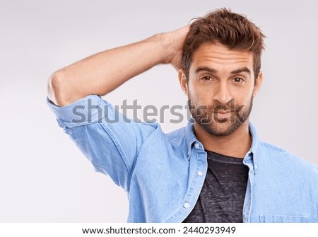 Thinking, doubt or portrait of man in studio with confused, gesture or reaction on white background. Why, hmm and face of male model with suspicious expression, body language or question sign
