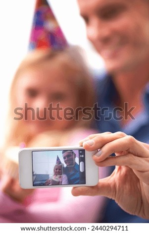 Selfie, cellphone and portrait for child and man on photo for birthday, party and hat for celebration and cupcake. Father, daughter and happy with tech in hand for childhood, joy and adorable