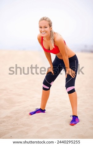 Woman, runner and portrait by beach, break and training for marathon in sportswear. Happy female person, outdoors and fitness for healthy body on sand, jog and cardio challenge for active workout