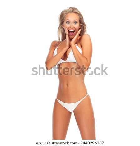Woman, studio and surprised in swimsuit fashion, bikini or shocked female person with confidence in summer swimming clothes. Happy, positive or enthusiastic model, shout wow on white background