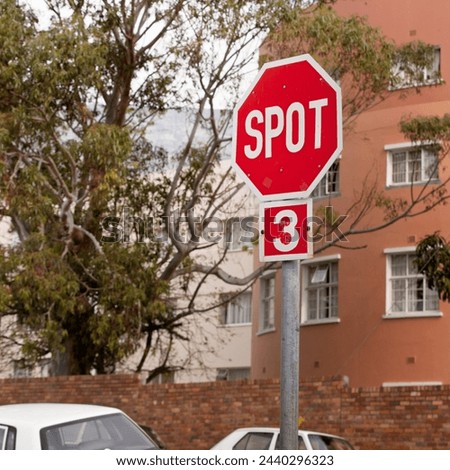 Road, city and outdoor with stop sign, mistake or typo for humor with comic text in neighborhood. Spot, error and joke with funny signage with writing, language or wrong spelling for warning in town