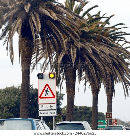 Road sign, pedestrian and warning in traffic in city with mistake with grammar, joke and comic text for walking. Cars, error and funny signage with graphic, language or wrong information in Cape Town