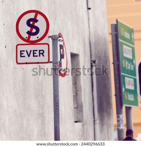 Signage for road and city with information, outdoor and board with urban town and design. Direction, icon and street with symbol and buildings with poster and language with warning, day and board
