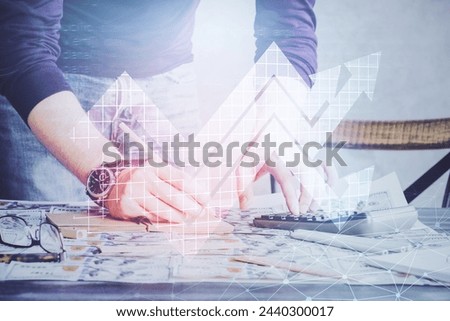 Businessman with creative business upward arrows on people hands background. Financial growth concept. Double exposure.