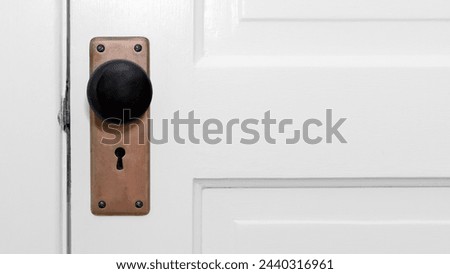 Close-up color photo of a black round door knob with skeleton keyhole on a white raised panel wood door. Copy space.