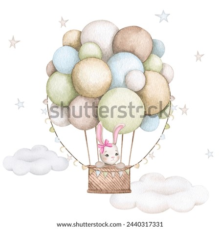 Baby bunny in a hot air balloon. Girl. Children's watercolor illustration. Birthday, baby shower, children's party. Design element for cards, posters, banners, logo, invitations, packaging.
