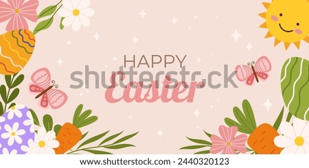 Easter horizontal background template. Design for celebration spring holiday with flowers, carrot and butterfly, sun and painted eggs Royalty-Free Stock Photo #2440320123