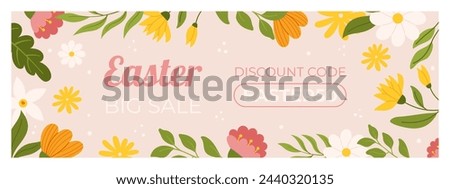 Easter sale horizontal banner template for promotion. Design with  flowers. Spring seasonal advertising. Hand drawn flat vector illustration Royalty-Free Stock Photo #2440320135