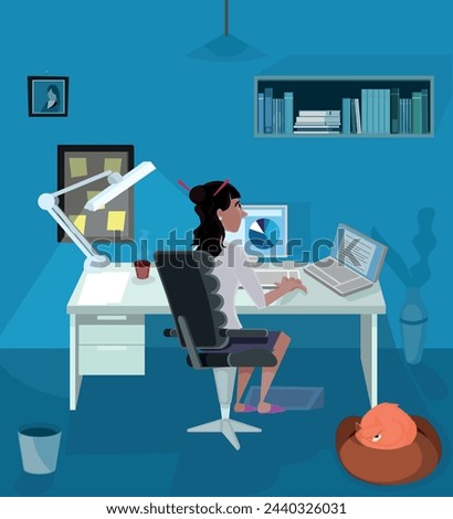 Woman working from home with the company of the cat. Project manager. Free lancer worker. Designer. Good for motion design - all elements in different layers