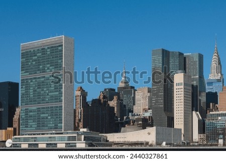 United Nations Building View on a Clear Blue day, Midtown Manhattan skyline, New York City