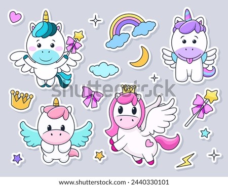 Bundle of cute cartoon stickers with unicorn and pony. isolated vector illustrations for childish print, birthday design, invitation, baby shower card. Clip arts on white background. Magical elements.