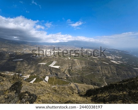 Panoramic view of Aridane Valley and Cumbre Vieja volcanoes in La Palma Island.