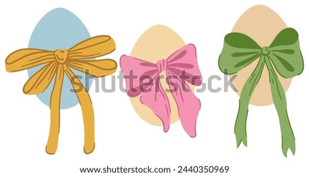 Set of Easter Eggs with Coquette Bow Ribbon. Elegant Easter Egg Collection. Cute Aesthetic Colorful Holiday Vector Illustration. Hand Drawn Childish Kids Cartoon Style. Isolated on White Background.