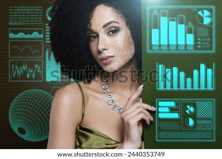 Creative digital 3d collage of beautiful lady have biometric face scanning skin testing using hologram cyberspace Royalty-Free Stock Photo #2440353749