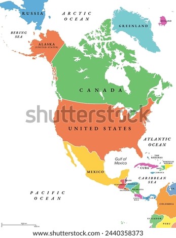 North America countries, political map. Continent bordered by South America, Caribbean Sea, and by Arctic, Atlantic and Pacific Ocean. Canada, United States, Mexico, etc. Multi colored illustration. Royalty-Free Stock Photo #2440358373