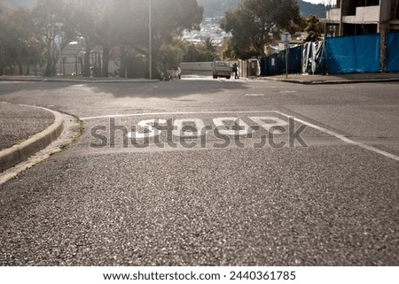 Road marking, street and stop sign with mistake for humor, joke or comic text for soup in neighborhood. Asphalt, error and funny signage with writing, language and wrong spelling for warning in town Royalty-Free Stock Photo #2440361785
