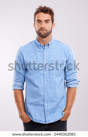 Studio, portrait and casual man with doubt, frustrated and confused on white background. Opinion, disappointment and face of person with decision, conflict or uncertainty for choice, news or ideas