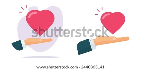 Hand give love heart icon vector graphic, palm taking like donation illustration set, idea of kindness goodness gift, charity support flat cartoon, receiving help present image clip art
