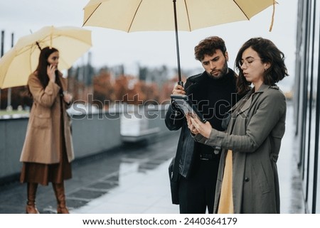 Two people in stylish coats share an umbrella and view content on a tablet on an overcast, rainy day in the city with another person blurred in the background.