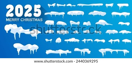 Snow caps, snowballs and snowdrifts set. Snow cap vector collection. Winter decoration element. Snowy elements on winter background. Cartoon template. Snowfall and snowflakes in motion. Illustration.