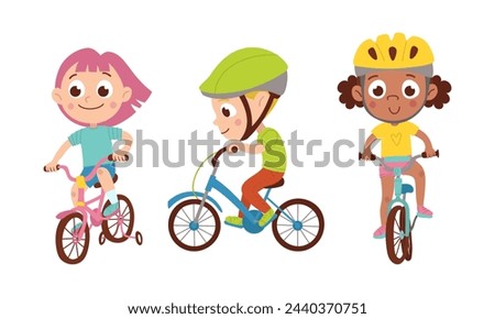 A child rides a bicycle. Boy and girl. International. Vector flat cartoon isolated