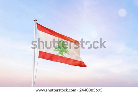 Lebanon flag with mast at amazing sunlight.