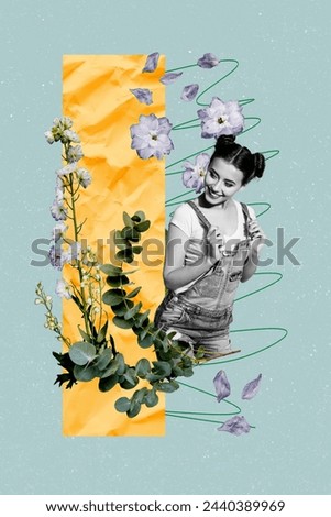 Vertical collage photo of woman in denim overalls joyful looking at blooming wild orchid flowers isolated on blue color background