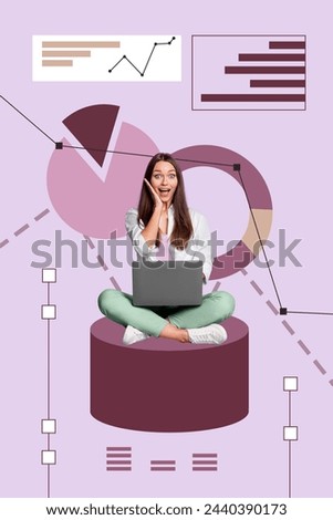 Composite trend artwork sketch image photo collage of black white silhouette young shocked lady do analysis sit on platform hold laptop