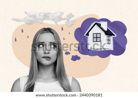 Photo collage creative picture young upset girl thinking relocation new house dwelling rainy weather clouds drawing background