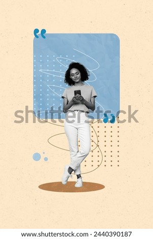 Composite artwork sketch image photo collage of black white silhouette young lady hold in hand phone type sms message social media