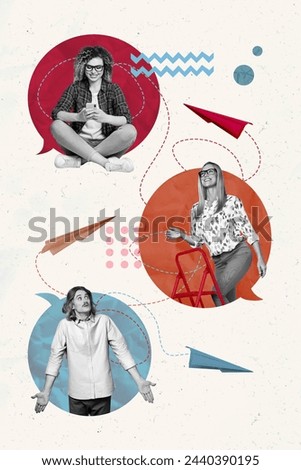 Sketch image composite trend artwork photo collage of black white three friends man lady have conversation type message flight fly around