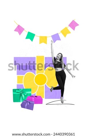 Composite vertical collage picture of excited mini black white effect girl big giftbox isolated on creative background