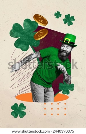 Trend artwork collage of black white silhouette happy young man wear green hat celebrate saint patrik day drink money clover around Royalty-Free Stock Photo #2440390375
