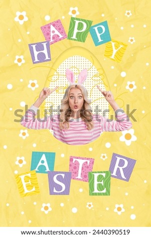 Composite collage image of cute blonde girl point amazed ears celebrate easter holiday traditional invitation billboard comics zine minimal