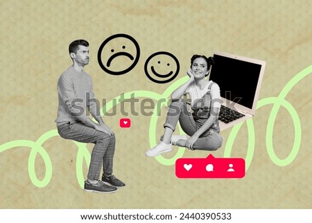 Creative picture collage sitting young man sad emoticon smiling happy girl laptop social network blogging drawing background