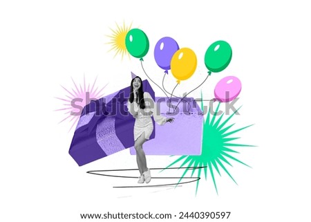 Creative picture collage young happy joyful girl celebrate birthday party colorful air balloons giftbox package drawing background