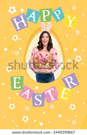 Creative drawing collage picture of cute female hold basket celebrate easter holiday tradition invitation billboard comics zine minimal