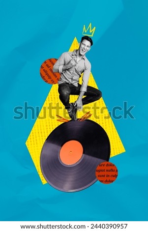 Trend artwork composite sketch photo collage of silhouette young handsome man stand on huge vintage vinyl record play music