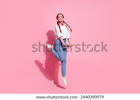Full length photo of funky cute lady dressed cowboy outfit jumping high emtpy space isolated pink color background
