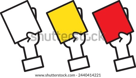 A set of human hands holding and holding white cards, yellow cards and red cards