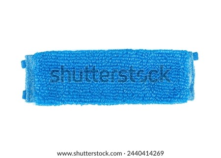 Top view of blue polypropylene thread loofah on white background.