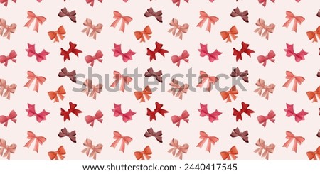 Pattern of pink ornate and red ribbon bows. Bows for gift boxes and hair accessories, seamless vector pattern.