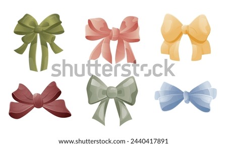 A set of voluminous gradient colored ribbon bows. Ribbon bows in pastel shades, gift bows, hair accessories. Vector gradient collection