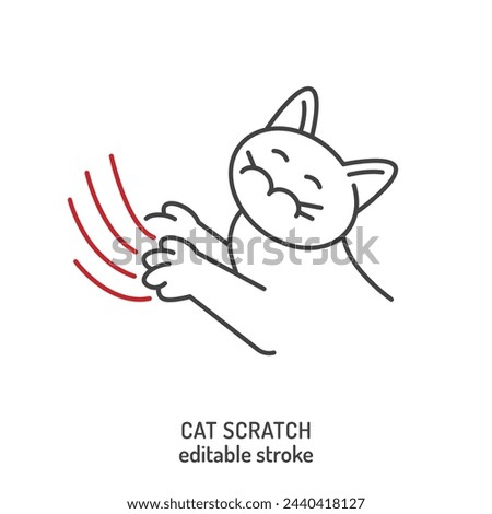 Cat scratch. Common pet behavior symbol. Excessive scratching. Linear icon, sign, pictogram. Veterinarian concept. Editable isolated vector illustration in outline style on a white background