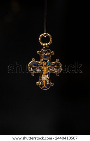 The Dagmar Cross is an 11th or 12th-century Byzantine reliquary cross made of gold with cloisonné enameling belonged to Queen Dagmar. Now in the National Museum of Denmark in Copenhagen. Royalty-Free Stock Photo #2440418507