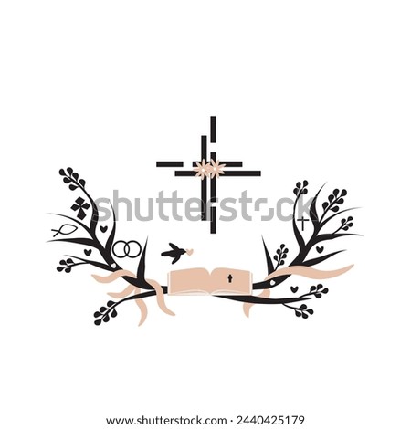 Religious Easter wreath with cross, eternity rings, Ichthys fish, bible, dove, hearts, and flowers. Vector illustration for print, web, and background. Christianity, holiday and invitation element. 