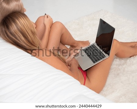 notebook computer technology digital mock up bikini girl woman female lady copy space summer vacation lifestyle beauty beach water travel indoor laptop swimwear sea holiday happy relaxation computer