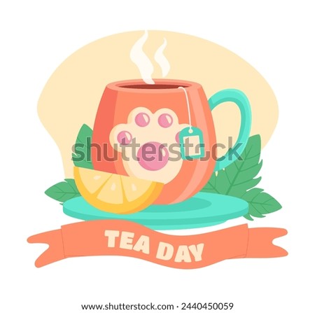 Tea day poster. Hot drink with lemon slice. International holiday and festial 15 December. Beverage and tasty liquid in ceramics mug. Cartoon flat vector illustration isolated on white background